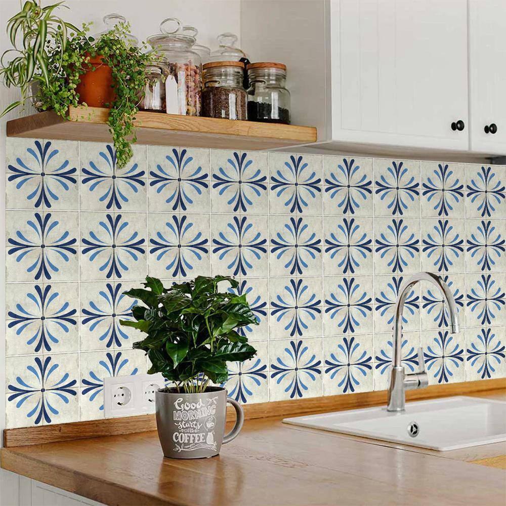 Antique White and Blue Vinyl Peel and Stick Mosaic Tile Set