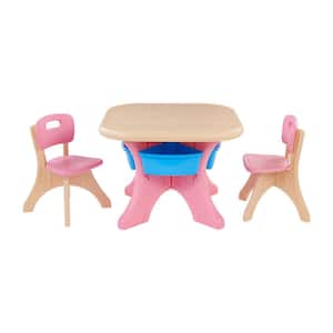 3-Piece Top Pink Lightweight Children Kid Activity Chair and Table Set with Detachable Storage Bins