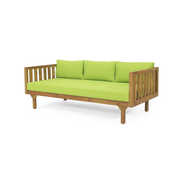 Noble House Lainey Teak Wood Outdoor Day Bed with Green Cushions