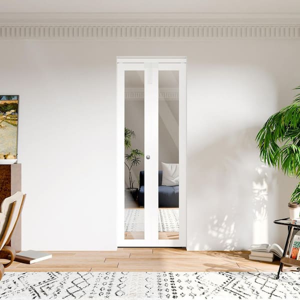 30 in. x 80 in. Full Lite Mirrored Glass Solid Core White PVC Covering MDF Bi-fold Door with Locks and Handles