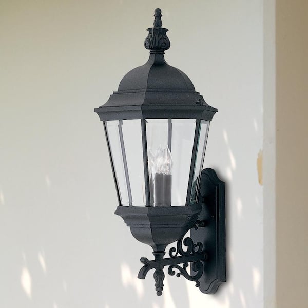 Stockton Black 3-Light Outdoor Line Voltage Hardwired Porch Light Wall Sconce with No Bulbs Included