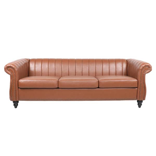 Angel Sar 84 in. Wide Round Arm Faux Leather Chesterfield Straight Sofa in Brown