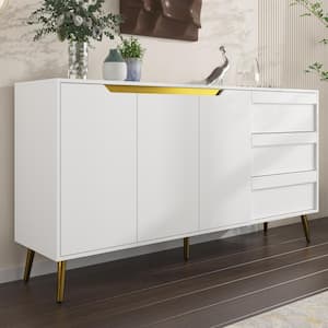 63 in. W Wood Accent Storage Cabinet in White With 3-Doors, 3-Drawers, Gold Metal Legs