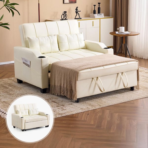 70.47 in. Beige Cat-Scratch Leather Twin Size Sofa Bed