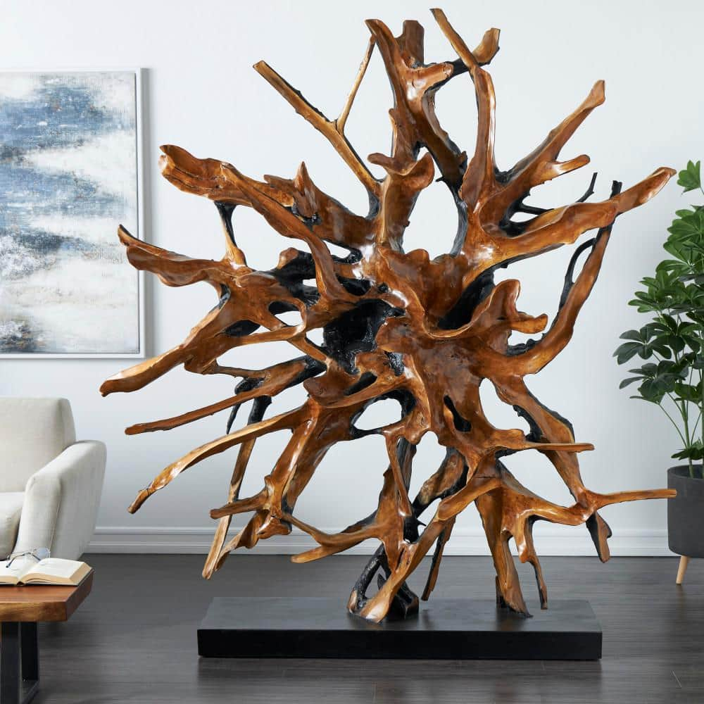 Litton Lane Brown Teak Wood Handmade Large Oversized Tree Root Floor Abstract Sculpture with Live Edge Teak Base