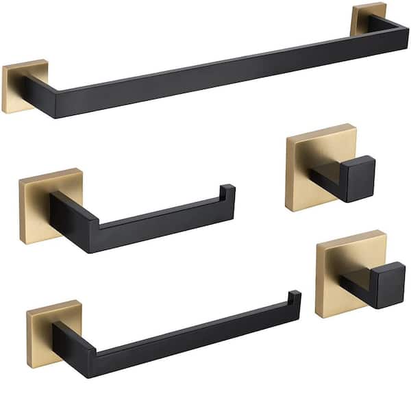 Interbath 5-Piece Bath Hardware Set with Towel Bar Toilet Paper Holder Double Towel Hook in Stainless Steel Black+brushed Gold