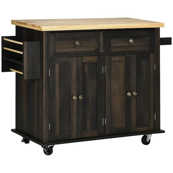 HOMCOM Brown Oak Kitchen Island on Wheels, Rolling Cart with Rubberwood Top, Spice Rack, Towel Rack and Drawers