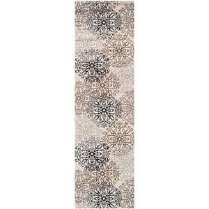 10 ft. Tan Gray and Black Floral Medallion Stain Resistant Runner Rug