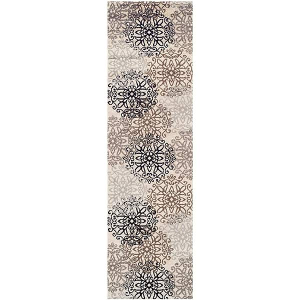HomeRoots 10 ft. Tan Gray and Black Floral Medallion Stain Resistant Runner Rug