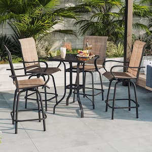 5-Piece Brown Outdoor Patio Bar Set with Umbrella Hole Table and Hign Swivel Textilene Chairs