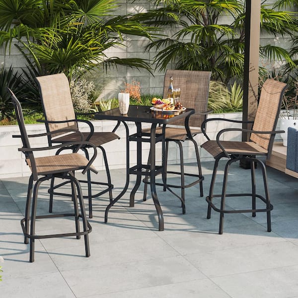 SUNMTHINK 5-Piece Brown Outdoor Patio Bar Set with Umbrella Hole Table and Hign Swivel Textilene Chairs