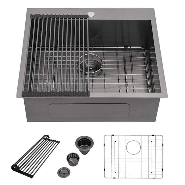Sarlai 25 in. Drop-In/Topmount Single Bowl 18 Gauge Stainless Steel Gunmetal Black Kitchen Sink with Bottom Grid and Strainer