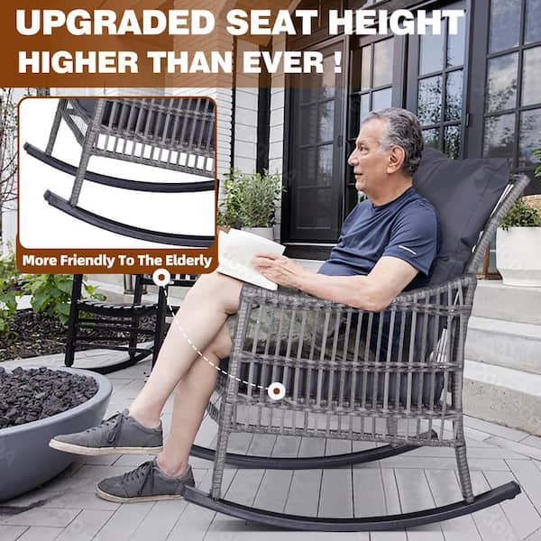 3-Piece Outdoor Rocking Chairs Wicker with Gray Cushions, Pillows and Table