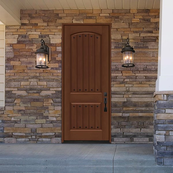 Regency 36 in. x 96 in. 2-Panel Plank RHOS Chestnut Stain Fiberglass Prehung Front Door with Clavos