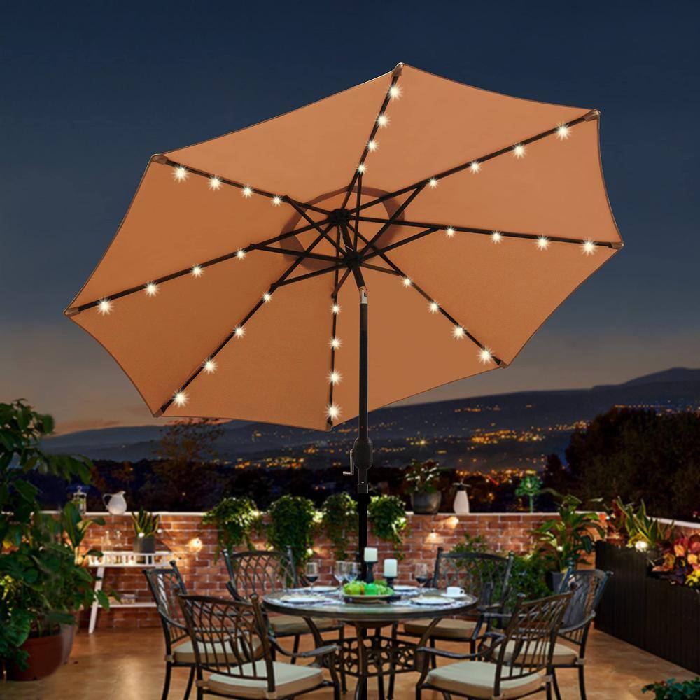Tan 9 ft Round LED Lighted Market Umbrella with Black Aluminum Pole