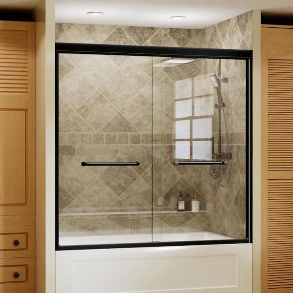 56 in. to 60 in. W x 58 in. H Sliding Framed Tub Door in Matte Black with 5/16 in. (8 mm) Tempered Clear Glass