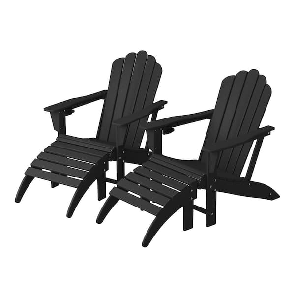 Aderson 4-Piece All Weather Outdoor Black Plastic Adirondack Cup Holder Chair with Ottoman Patio Conversation Set