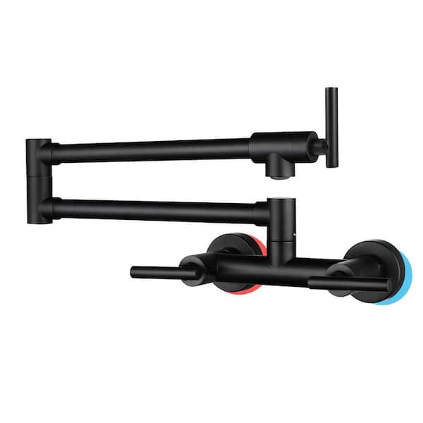 Wall Mounted Brass Pot Filler Folding Faucet with Double Joint Swing Arms and Hot Cold Water in Oil Matte Black