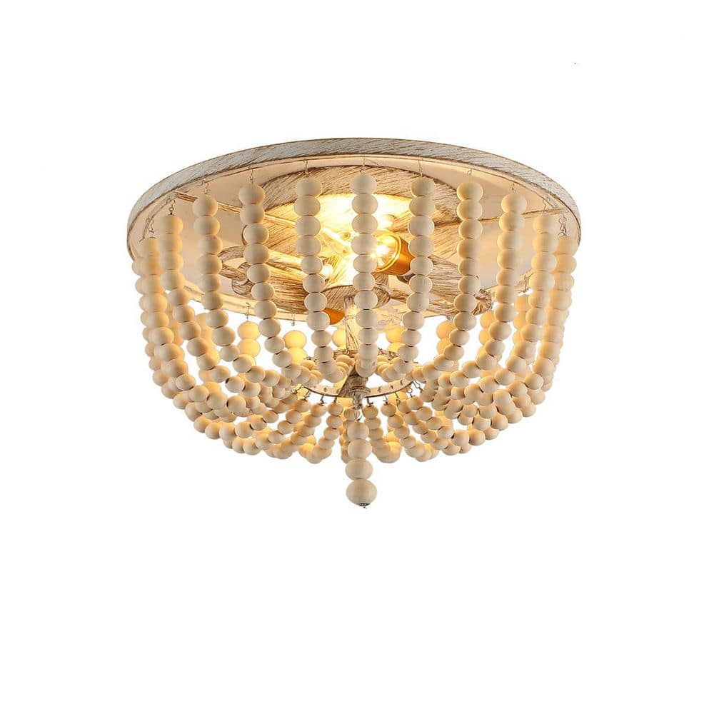 12.2 in. 2-Light Wood Boho Bowl Flush Mount with Solid Wood Shade for Dining Room Kitchen Bedroom, No Bulbs Included price history on PriceWatchPro
