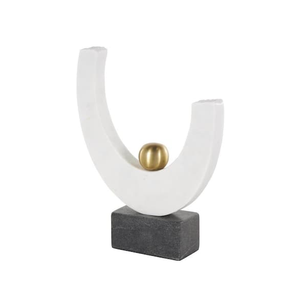 Litton Lane White 8 in. x 10 in. Marble Ceramic Semicircle Abstract Sculpture with Black Block Base