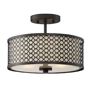 Meridian 13 in. W x 10 in H 2-Light Oil Rubbed Bronze Semi-Flush Mount with White Fabric Shade and Geometric Metal Frame