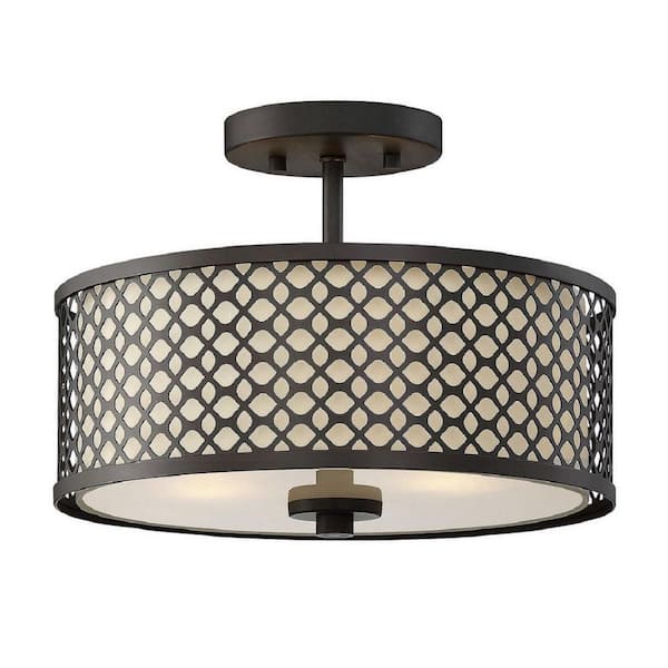 TUXEDO PARK LIGHTING 13 in. W x 10 in H 2-Light Oil Rubbed Bronze Semi-Flush Mount with White Fabric Shade and Geometric Metal Frame