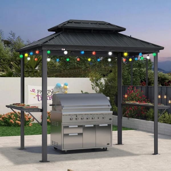 6 ft. x 9 ft. Hardtop Grill Gazebo for Patio Aluminum Barbecue Shelter Gazebo with Hooks,Shelves Double Tiered 12-Ligths
