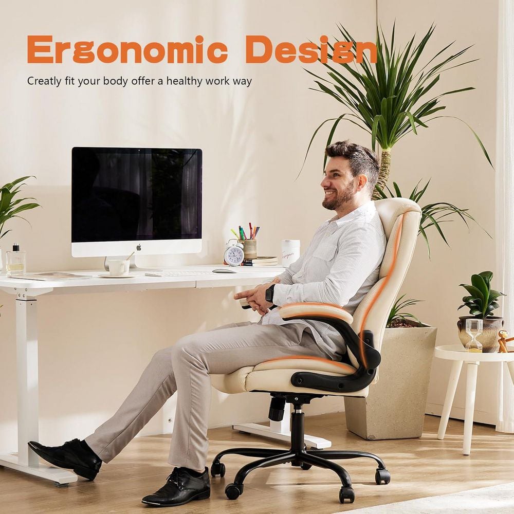 Ergonomic PU Leather Seat High Back Heavy Duty Office Executive Chair in Cream with Flip-up Arms - Thumbnail 4