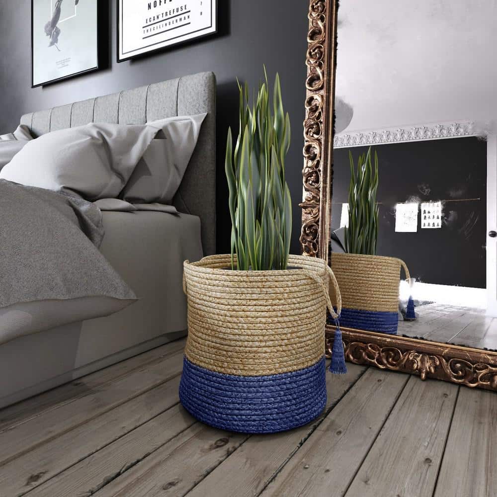 Handmade Round Tan and Blue Jute Storage Basket with Loop Handles