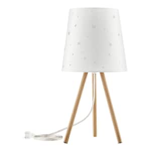 16 in. Natural Wooden Modern 1-Light Tripod Table Lamp with Star Cut Out White Fabric Shade