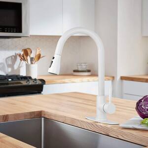 Single Handle Gooseneck Pull Down Sprayer Kitchen Faucet with Deckplate Included in Matte White