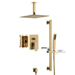1-Spray Patterns with 10 in. Ceiling Mount Dual Shower Heads with Sliding Rod in Spot Resist Brushed Gold