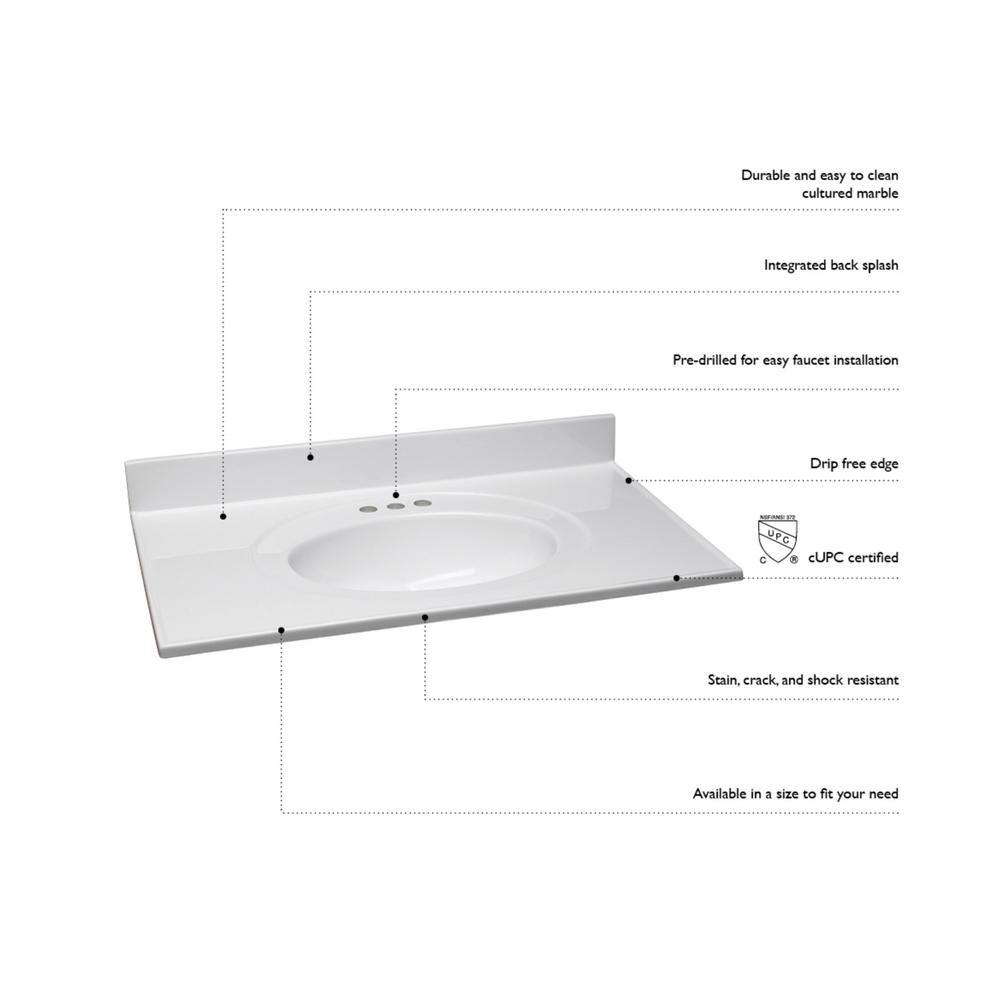 Solid White 61-Inch Double Bowl Composite Vanity Top with Backsplash