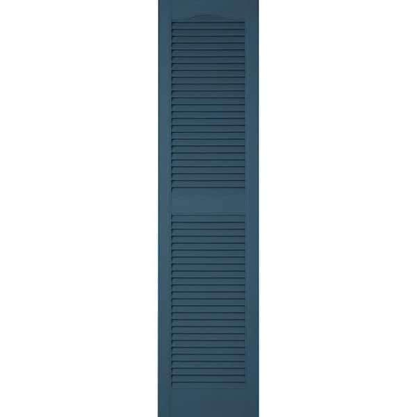 Ekena Millwork 12 in. x 48 in. Lifetime Vinyl Custom Cathedral Top Center Mullion Open Louvered Shutters Pair Classic Blue