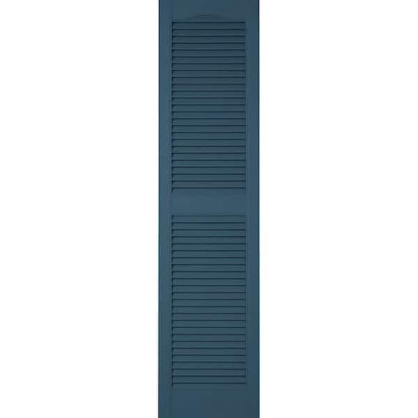 Ekena Millwork 12 in. x 52 in. Lifetime Vinyl Custom Cathedral Top Center Mullion Open Louvered Shutters Pair Classic Blue