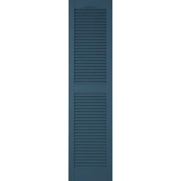 Ekena Millwork 12 in. x 83 in. Lifetime Vinyl Custom Cathedral Top Center Mullion Open Louvered Shutters Pair Classic Blue
