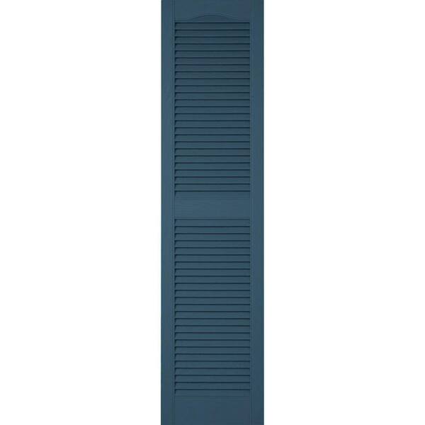 Ekena Millwork 14-1/2 in. x 25 in. Lifetime Vinyl Custom Cathedral Top Center Mullion Open Louvered Shutters Pair Classic Blue