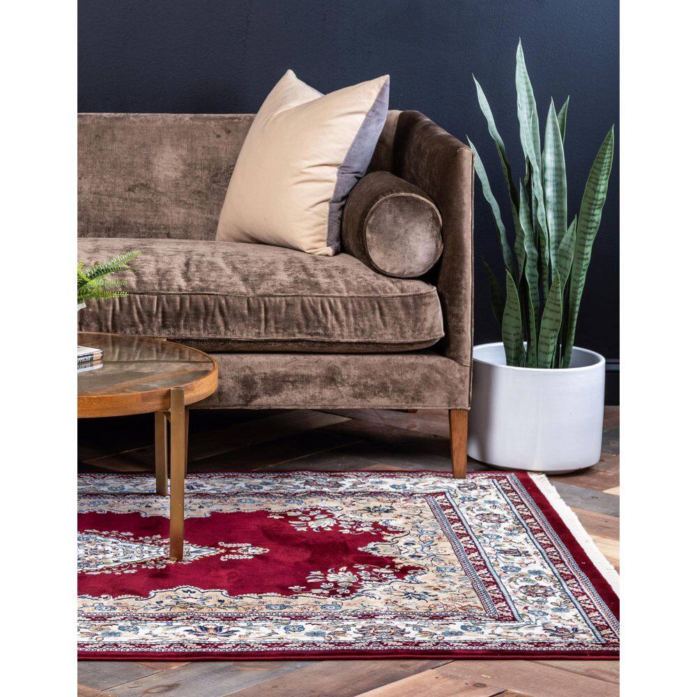 Burgundy and Cream 8' x 10' Synthetic Traditional Area Rug
