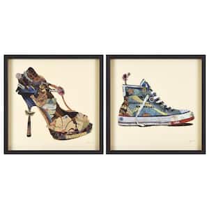 "High Heeled & Top Sneaker" Dimensional Collage Framed Graphic Art Under Glass Wall Art