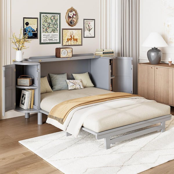 Polibi Gray Wood Frame Queen Size Murphy Bed with Hidden Storage & Modern Woven Design