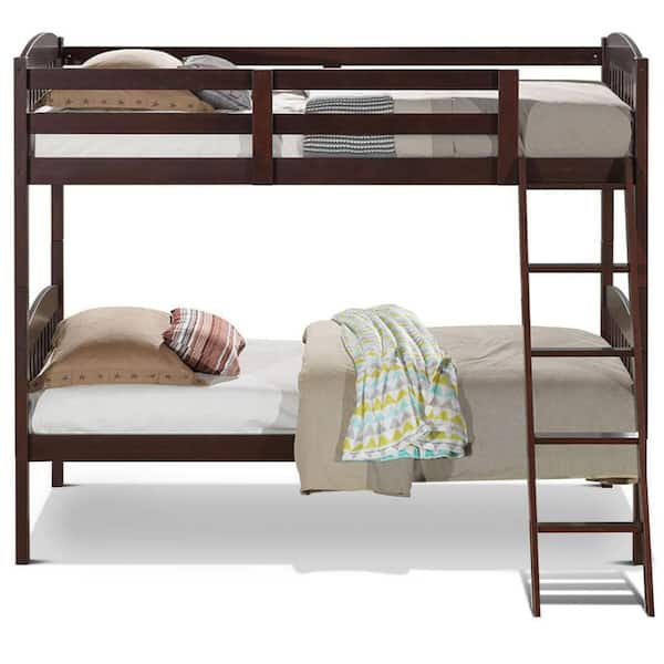 Espresso Wood Solid Hardwood Twin Bunk Beds Detachable Safety Rail