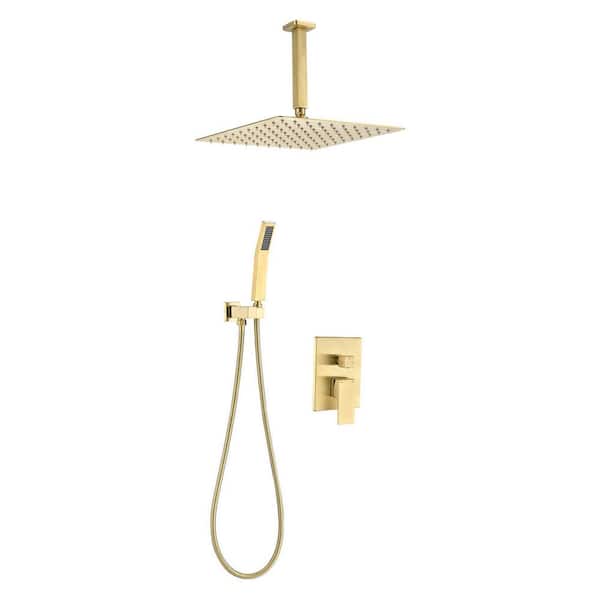 Pdpbath 1-Spray 12 in. Ceiling Mount Dual Shower Head and Handheld Shower Head with 2.5 GPM in Brushed Gold