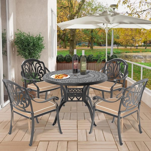 Willit Elizabeth Black 5-Piece Cast Aluminum Outdoor Dining Set with 39.37 in. Round Table and Random Color Seat Cushions