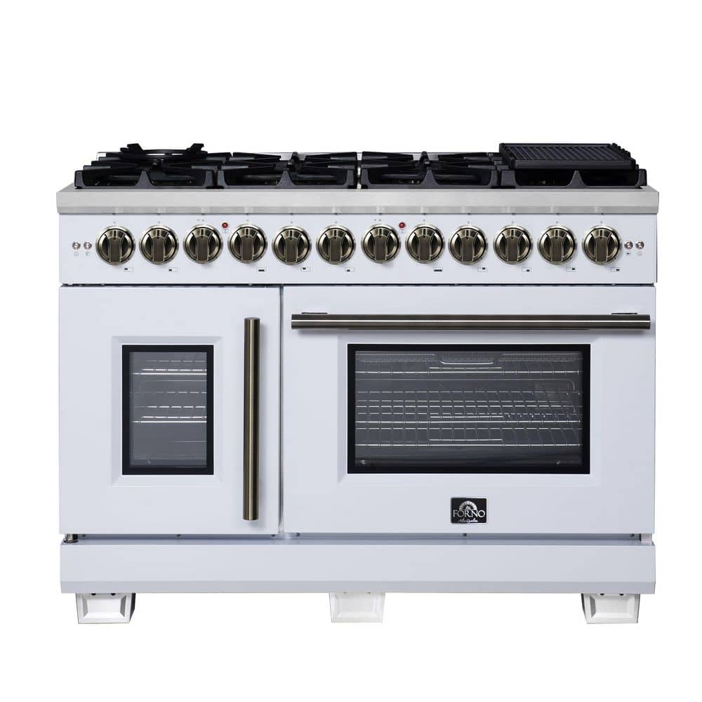 Capriasca 48 Inch Freestanding French Door Dual Fuel Range in White with Antique Brass Accessories price history on PriceWatchPro