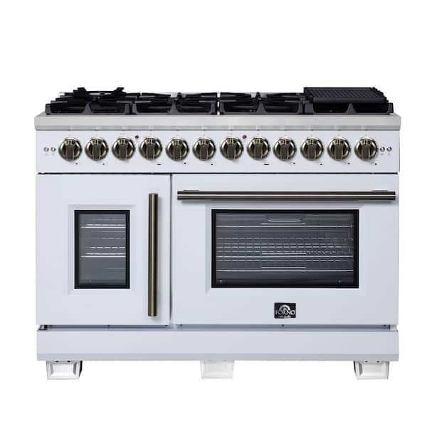 Capriasca 48 Inch Freestanding French Door Dual Fuel Range in White with Antique Brass Accessories