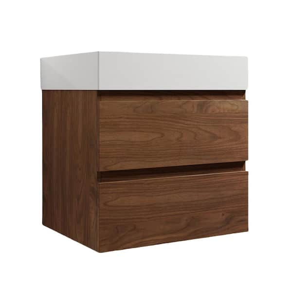 23.6 in. Wall Mounted Brown Oak Bath Vanity with White Thick Edge Resin Top and Sink Unassembled