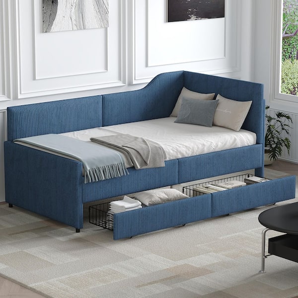 Harper & Bright Designs Blue Twin Size Corduroy Upholstered Daybed with 2-Drawers and L-Shaped Backrest