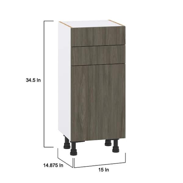 J COLLECTION 15 in. W x 14 in. D x 34.5 in. H Medora Textured Slab Walnut Assembled Shallow Base Kitchen Cabinet with 3 Drawers