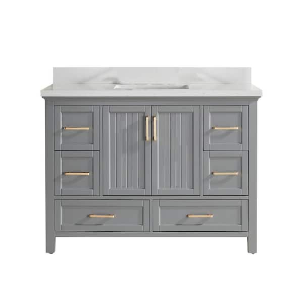 ANGELES HOME 48 in. W Solid Wood Bath Vanity in Gray with Carrara White Marble Counter Top, Fully Assembled, 2-Sets Handles