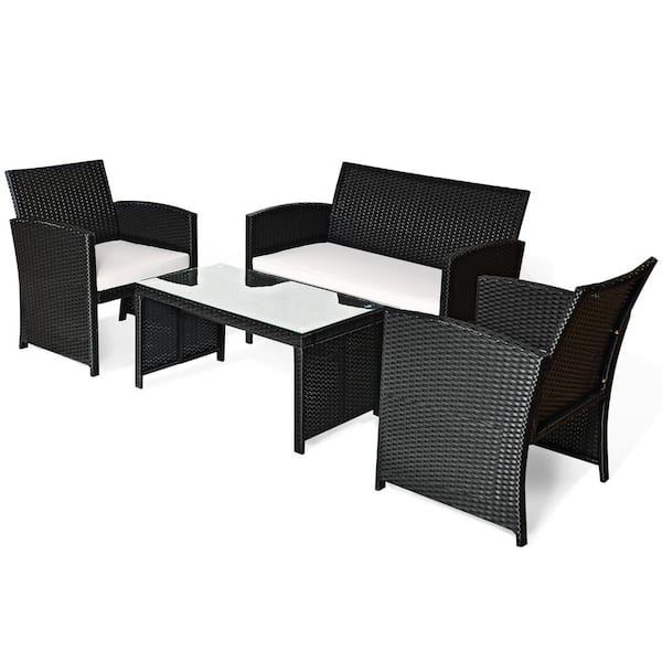 HONEY JOY Black Frame 4-Piece Wicker Outdoor Patio Conversation Set Furniture Set with White Cushions